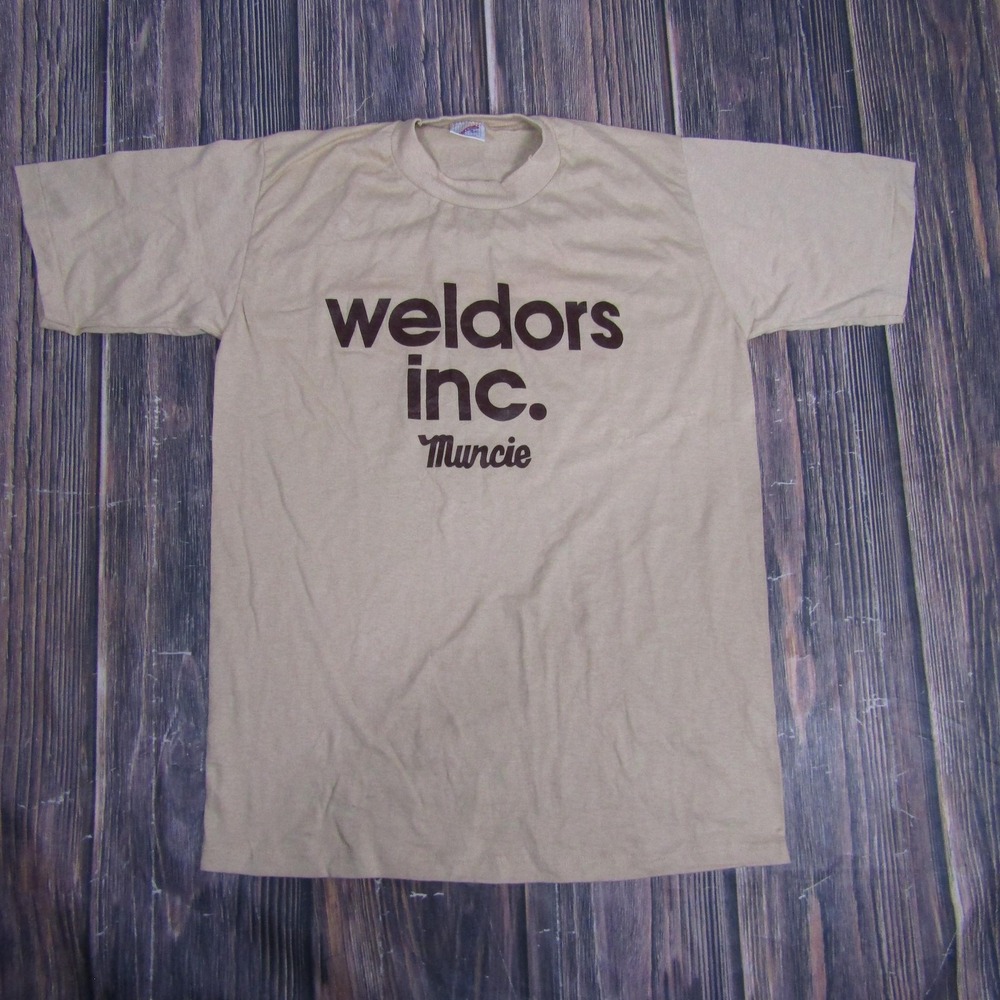 Vintage‎ Weldors Inc Muncie Shirt Mens Medium Tan Graphic Jerzees USA 80s